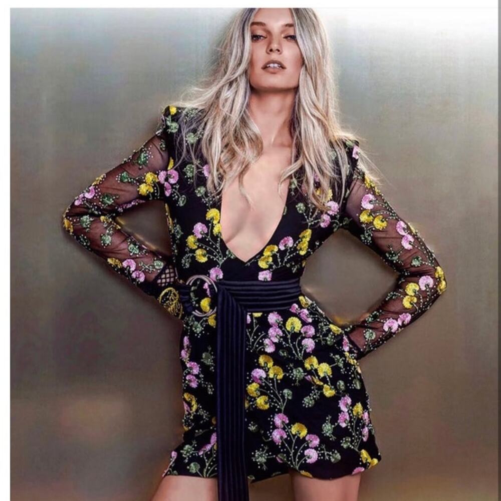 Zhivago In The Garden Floral Mesh Wrap Mini Dress black pink yellow size US 2 - Picture 4 of 15